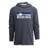 The Boeing Unisex Boulevard Hoodie by BOEING is a dark gray, long-sleeve hoodie with a stylized airplane, mountains, and stripes graphic above "BOEING" in bold white letters—ideal for fans of quality basics.