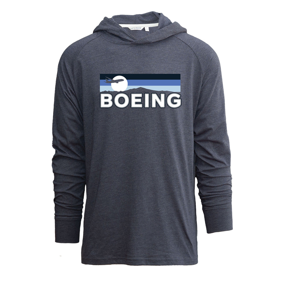 The Boeing Unisex Boulevard Hoodie by BOEING is a dark gray, long-sleeve hoodie with a stylized airplane, mountains, and stripes graphic above "BOEING" in bold white letters—ideal for fans of quality basics.