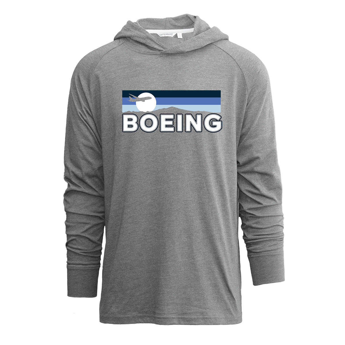 The Boeing Unisex Boulevard Hoodie by BOEING is a light gray, long-sleeve hoodie featuring a rectangular logo with a white airplane silhouette, blue and black stripes, and bold white "BOEING" lettering across the chest.