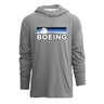 The Boeing Unisex Boulevard Hoodie by BOEING is a light gray, long-sleeve hoodie featuring a rectangular logo with a white airplane silhouette, blue and black stripes, and bold white "BOEING" lettering across the chest.