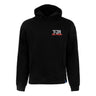 The BOEING T-7A Red Hawk Unisex Graphic Hoodie is a black sweatshirt with a front pocket, featuring "T-7A Red Hawk" in white and red text on the left chest—ideal for Boeing apparel enthusiasts.