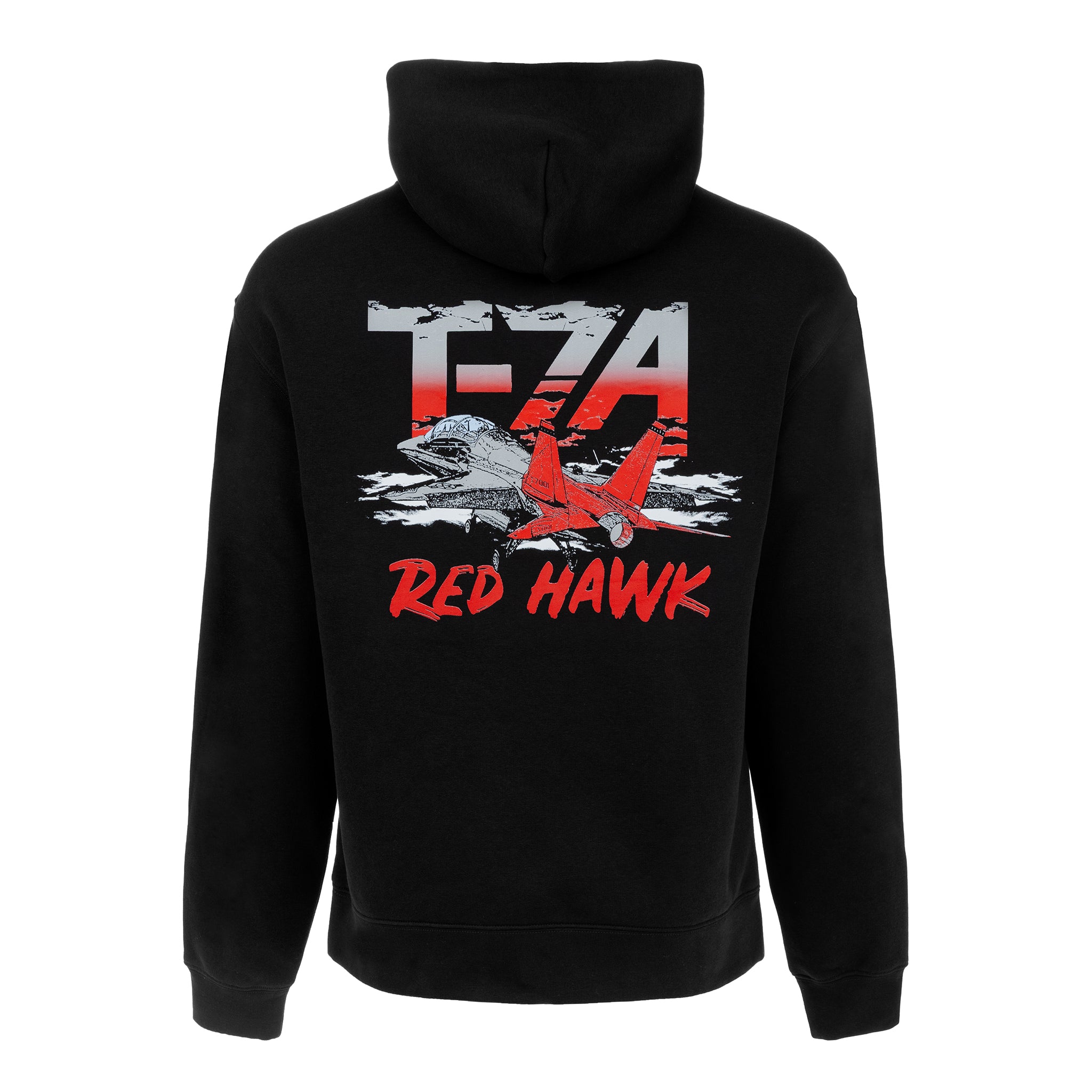 The Boeing T-7A Red Hawk Unisex Graphic Hoodie by BOEING features a bold red airplane, hawk, clouds, "T-7A" lettering, and "Red Hawk" script—perfect for aviation fans or anyone who loves Boeing apparel.