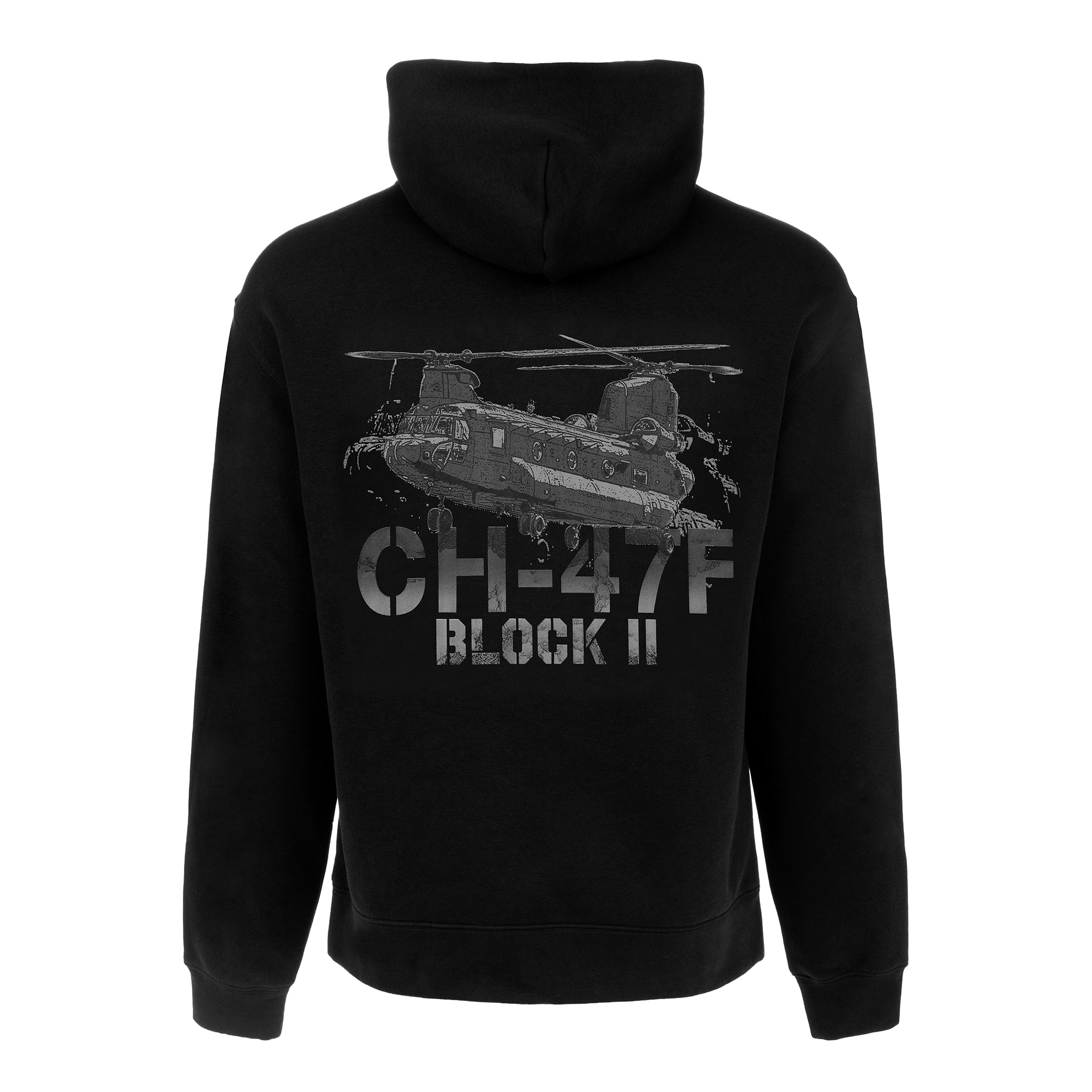 The Boeing CH-47F Block II Unisex Graphic Hoodie by BOEING features a bold CH-47F Chinook graphic and "CH-47F BLOCK II" on the back—ideal for aviation fans seeking a unique Boeing sweatshirt.