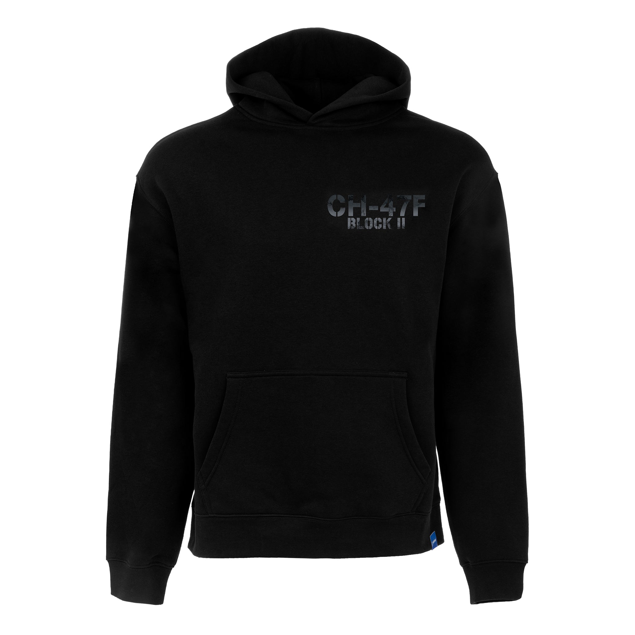 The Boeing CH-47F Block II Unisex Graphic Hoodie by BOEING is a black hoodie featuring a front pocket and "CH-47F BLOCK II" in dark gray on the upper left chest—ideal for aviation enthusiasts.
