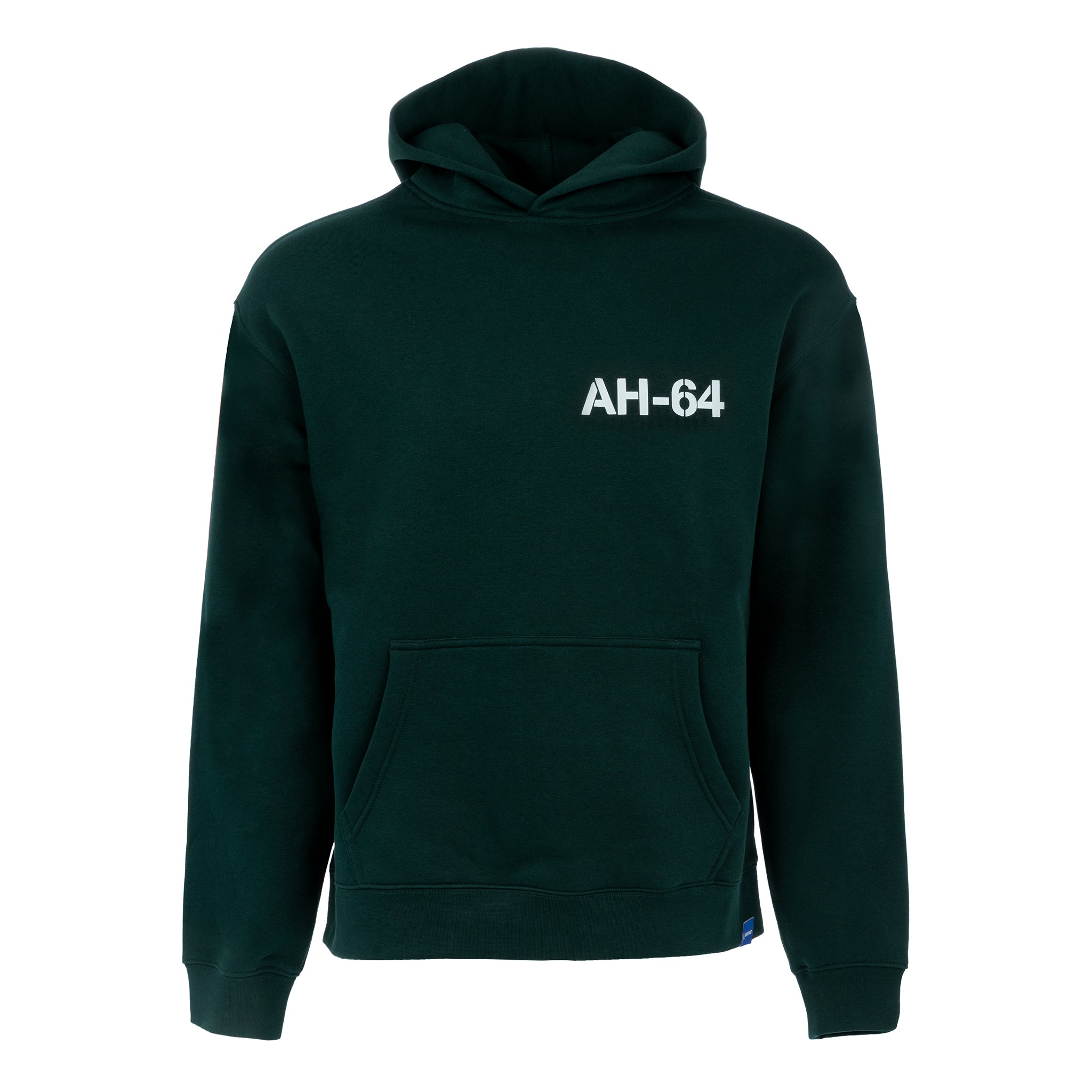 The Boeing AH-64 Apache Unisex Graphic Hoodie by BOEING is a dark green sweatshirt with a front pocket and "AH-64 Apache" in white on the left chest—ideal for Boeing fans.