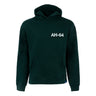 The Boeing AH-64 Apache Unisex Graphic Hoodie by BOEING is a dark green sweatshirt with a front pocket and "AH-64 Apache" in white on the left chest—ideal for Boeing fans.