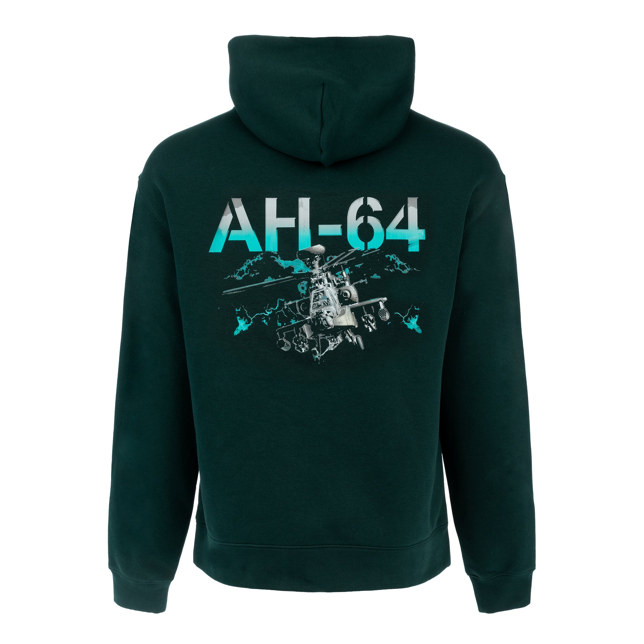 The BOEING AH-64 Apache Unisex Graphic Hoodie in dark green features a bold "AH-64" text and graphic on the back with a Boeing AH-64 Apache helicopter and several smaller helicopters.