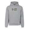 The BOEING V-22 Osprey Unisex Graphic Hoodie is a light gray sweatshirt with a front pocket and bold green "V-22 Osprey" lettering on the chest.