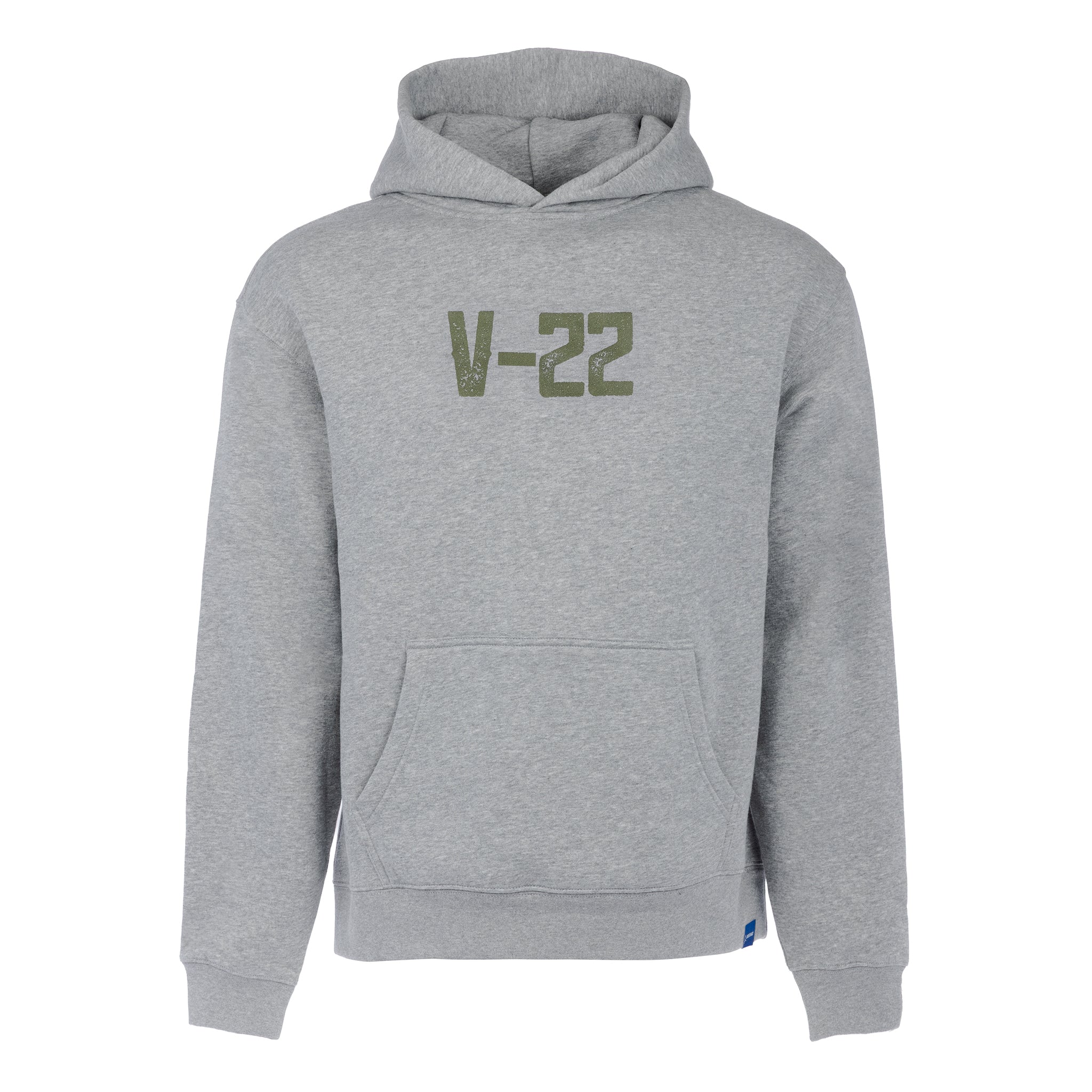 The BOEING V-22 Osprey Unisex Graphic Hoodie is a light gray sweatshirt with a front pocket and bold green "V-22 Osprey" lettering on the chest.