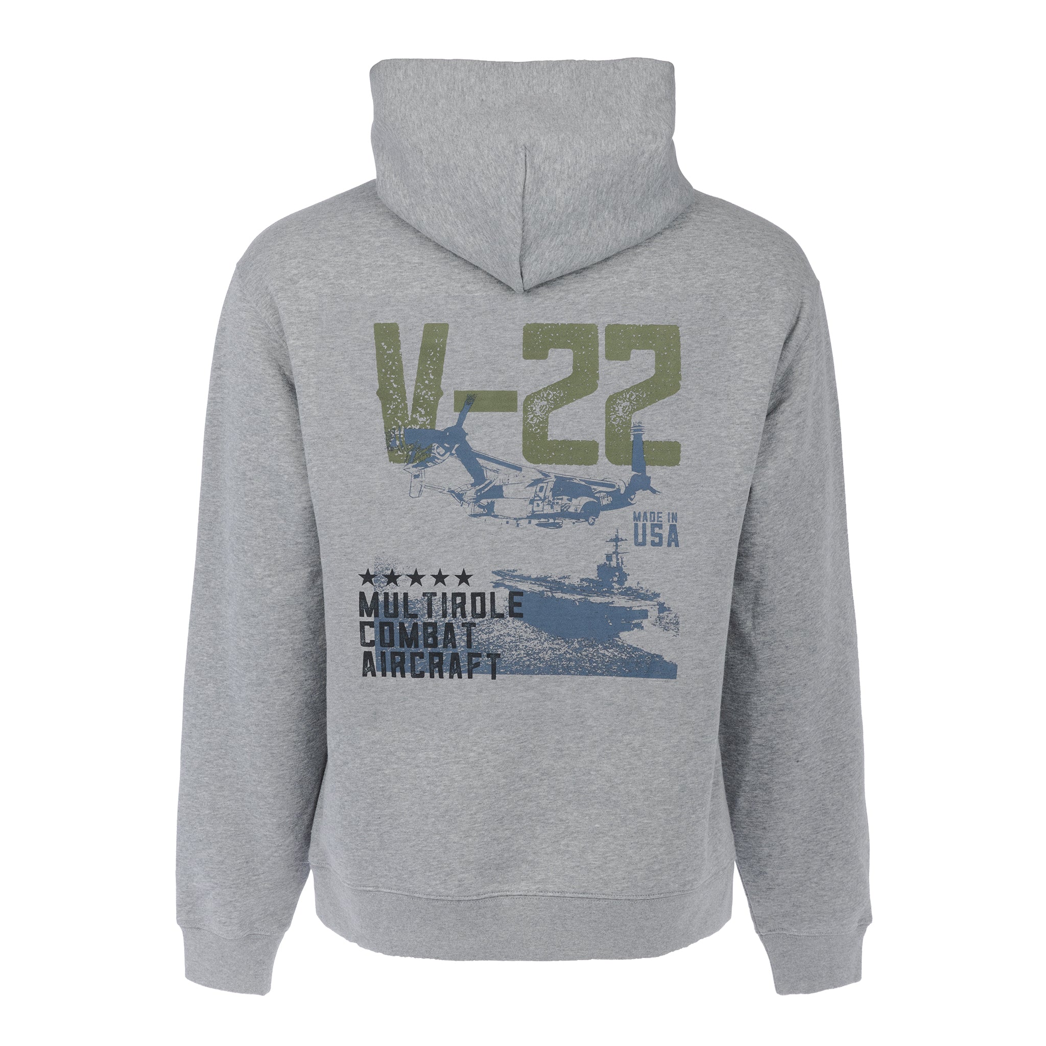 The Boeing V-22 Osprey Unisex Graphic Hoodie by BOEING features a gray design with a large back graphic of the V-22, “Made in USA,” “Multirole Combat Aircraft” text, tank silhouette, and star symbols.