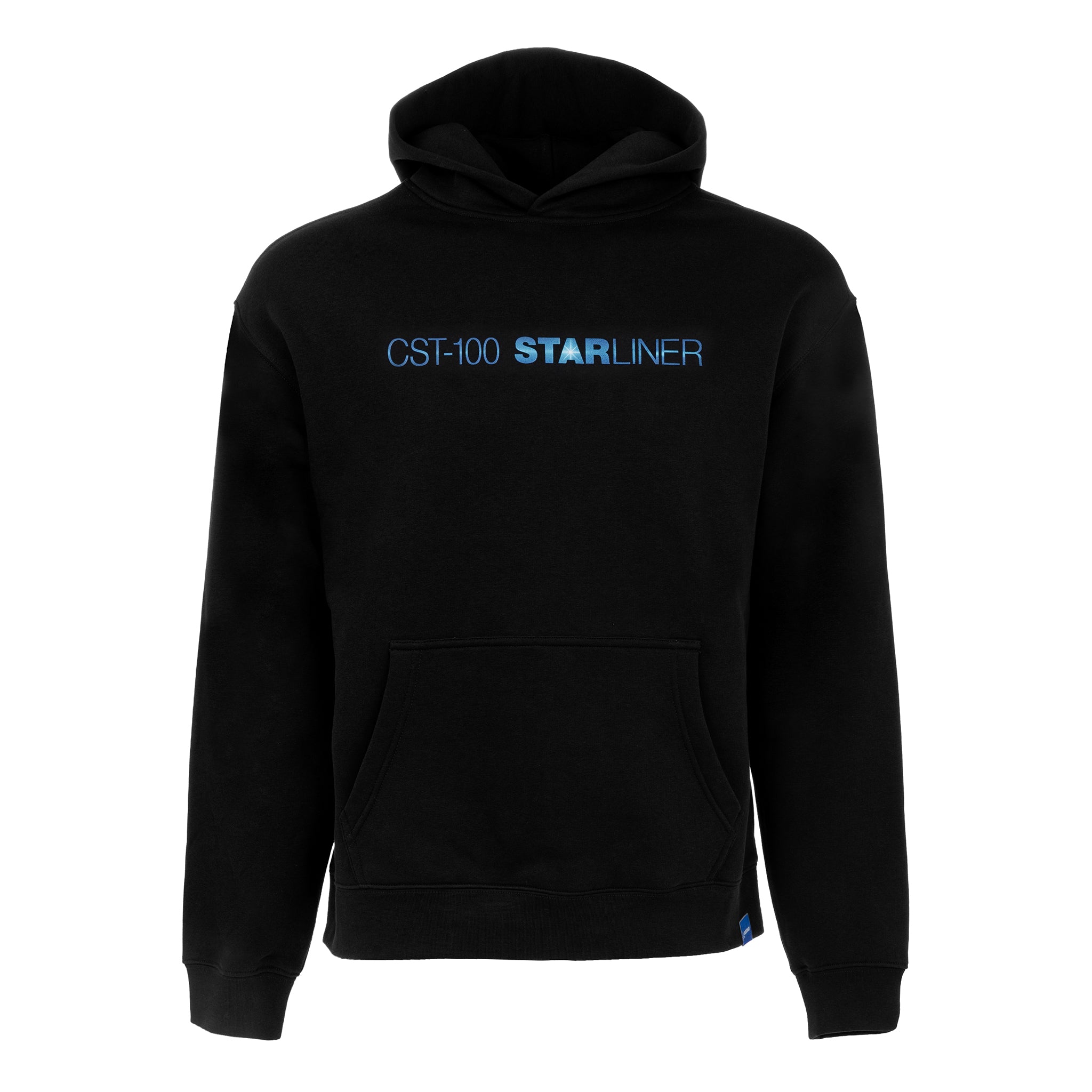 The Boeing CST-100 Starliner Unisex Graphic Hoodie by BOEING features a front pocket, hood, and CST-100 STARLINER text in white and blue on the chest—a sleek tribute to human spaceflight.