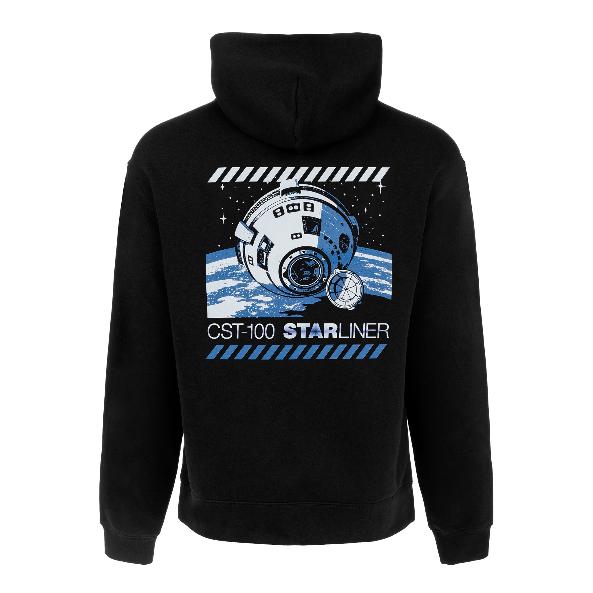 The BOEING CST-100 Starliner Unisex Graphic Hoodie features the spacecraft above Earth with stars and "CST-100 STARLINER" text, perfect for human spaceflight fans.