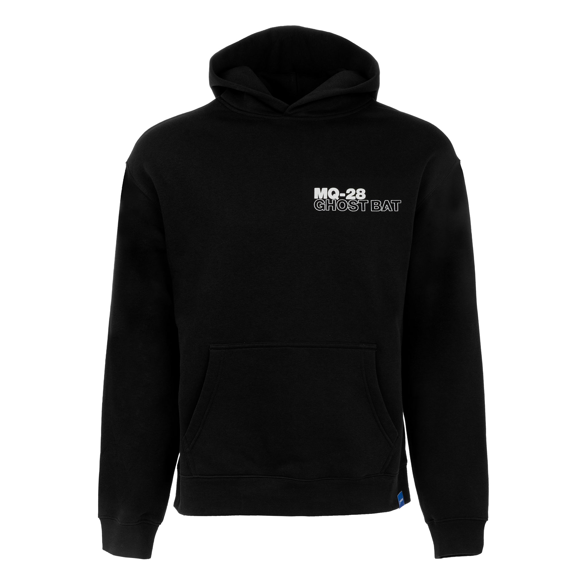 The Boeing MQ-28 Ghost Bat Unisex Graphic Hoodie by BOEING is a black sweatshirt featuring a front pocket and "MQ-28 GHOST BAT" in white text on the left chest, honoring unmanned flight innovation.