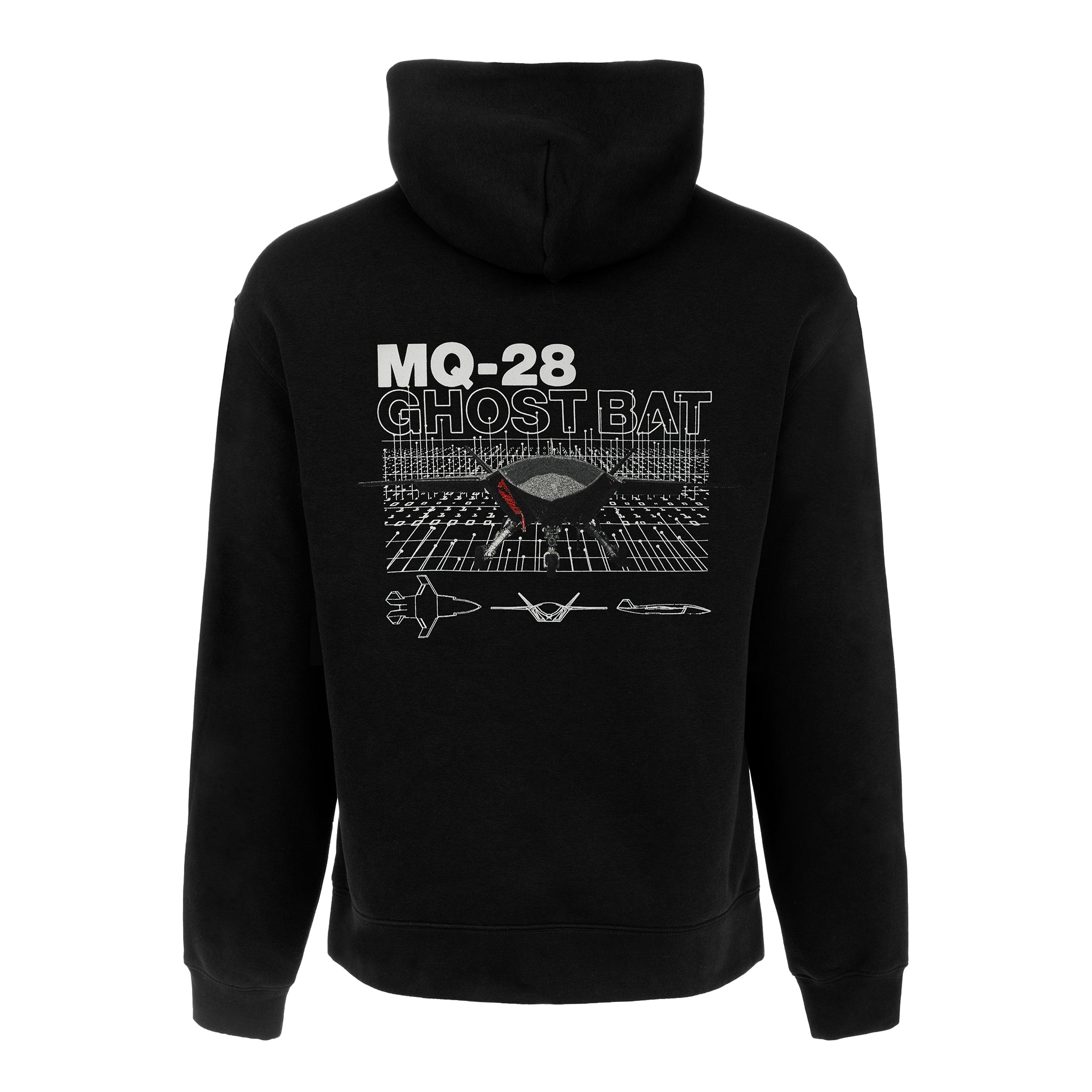 The Boeing MQ-28 Ghost Bat Unisex Graphic Hoodie by BOEING features a black design with a wireframe landscape, the MQ-28 Ghost Bat drone in flight, and "MQ-28 GHOST BAT" boldly printed above to celebrate unmanned aviation.