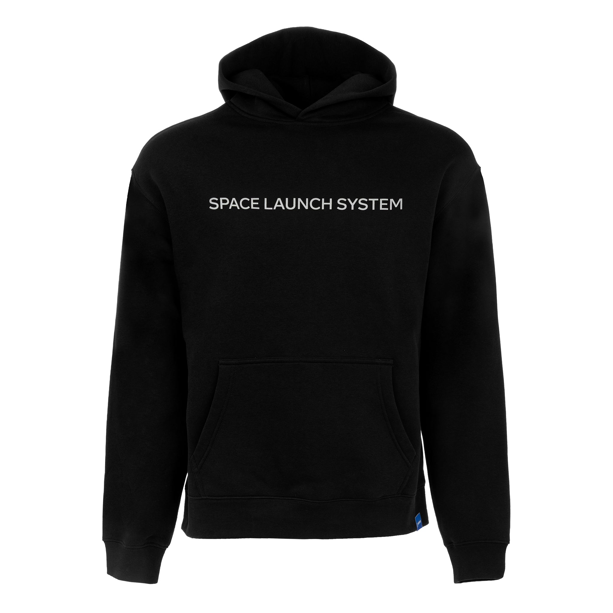 The Boeing SLS Artemis II Unisex Graphic Hoodie by BOEING is a black hoodie with a front pocket, featuring "SPACE LAUNCH SYSTEM" in bold white letters—perfect for space fans and SLS Artemis II supporters.