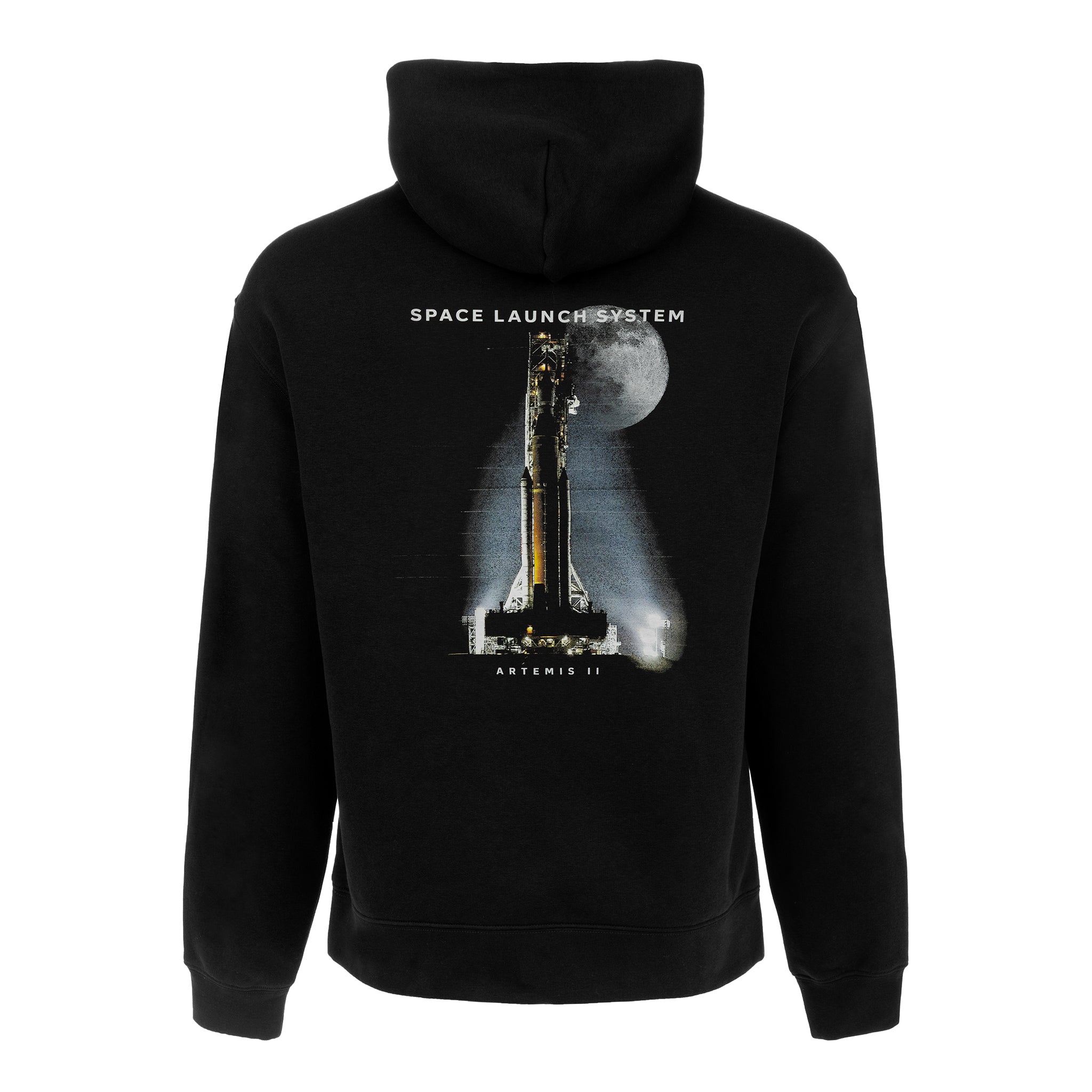 The Boeing SLS Artemis II Unisex Graphic Hoodie by BOEING features a rocket launch toward a full moon, with "SPACE LAUNCH SYSTEM" above and "SLS Artemis II" below the graphic on the back—perfect for space enthusiasts.