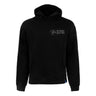 The Boeing X-37B Orbital Test Vehicle Unisex Graphic Hoodie by BOEING is a black hoodie with a front pocket, hood, and a subtle gray X-37B logo on the upper left chest—ideal for any space enthusiast.