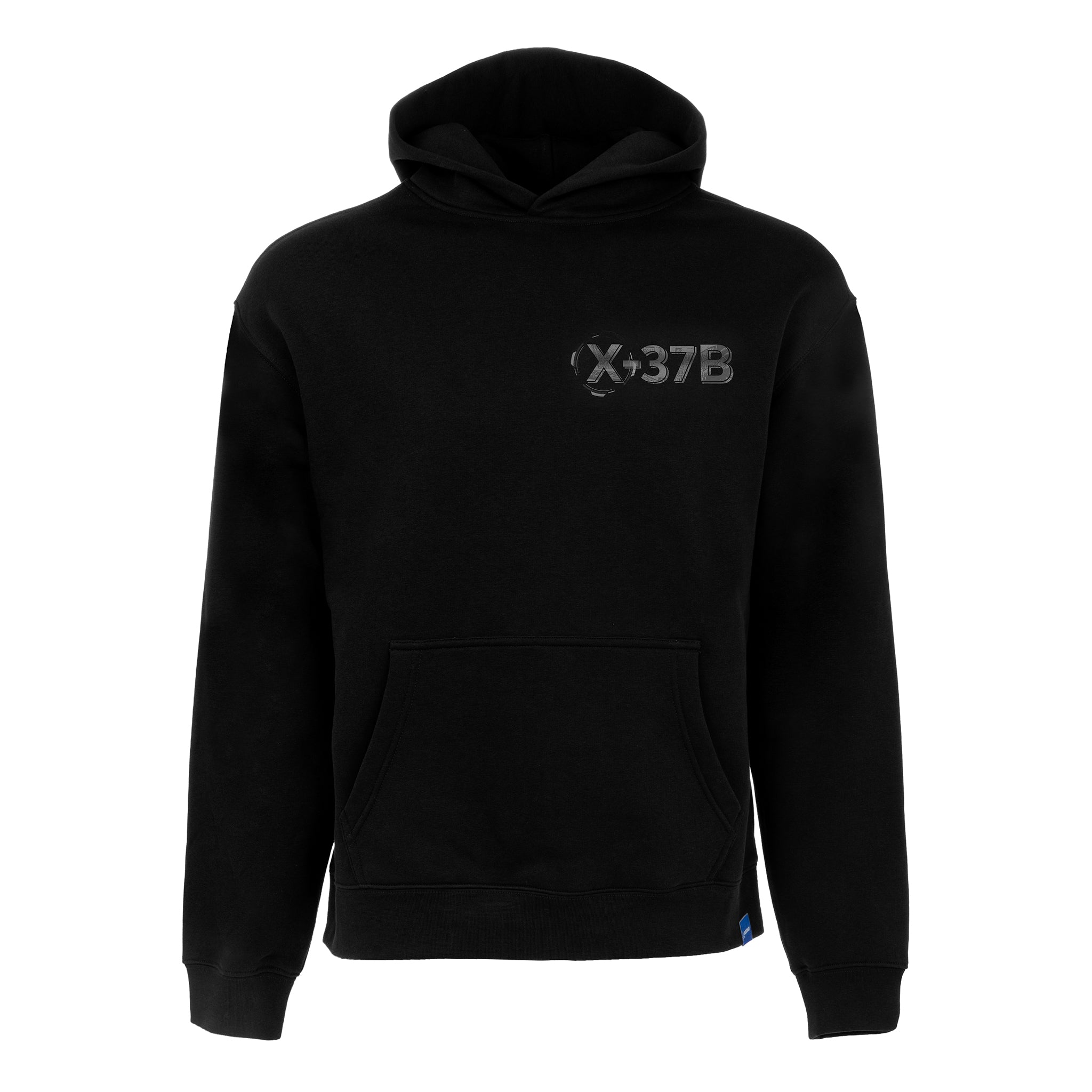 The Boeing X-37B Orbital Test Vehicle Unisex Graphic Hoodie by BOEING is a black hoodie with a front pocket, hood, and a subtle gray X-37B logo on the upper left chest—ideal for any space enthusiast.