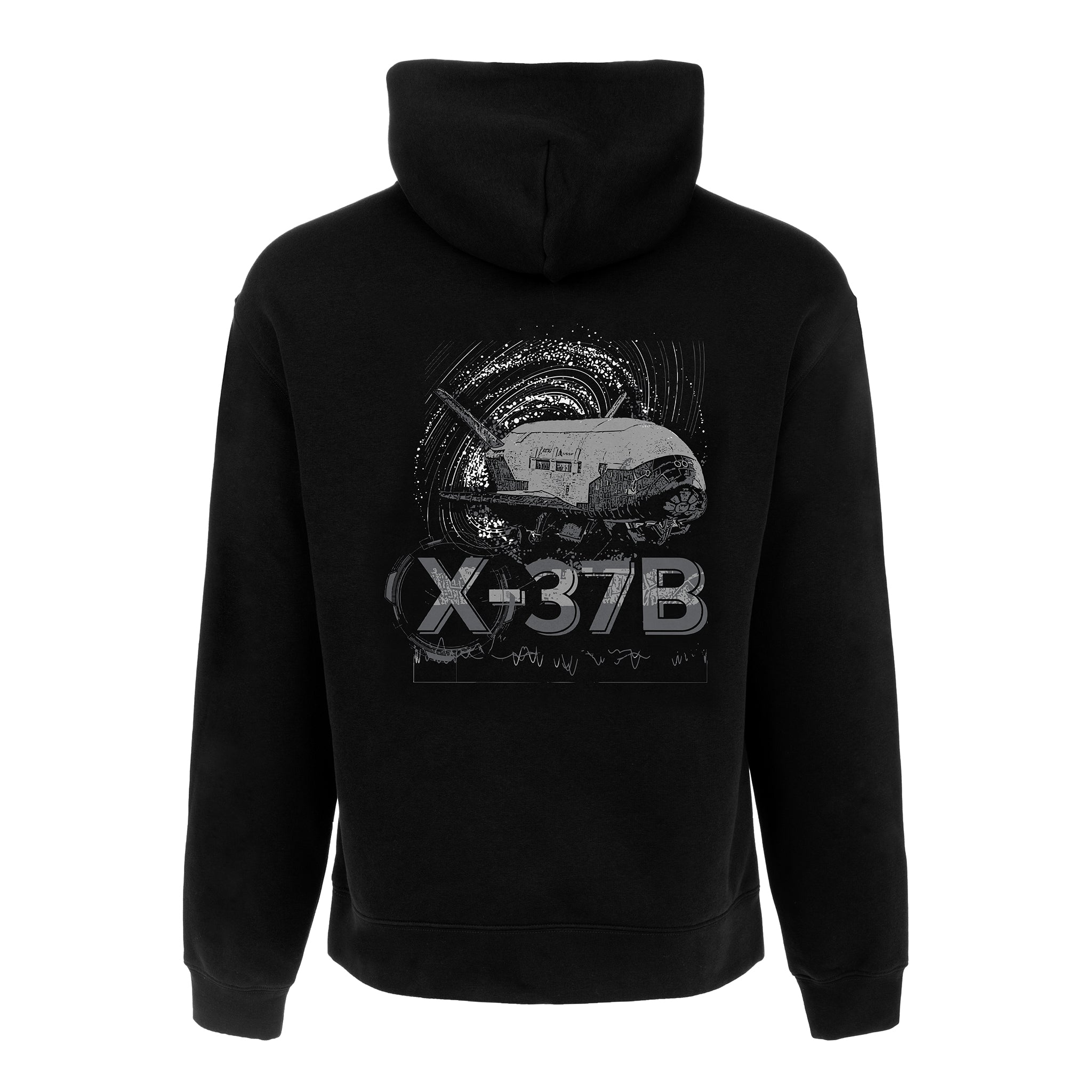 The Boeing X-37B Orbital Test Vehicle Unisex Graphic Hoodie by BOEING features a space shuttle and celestial graphics with bold X-37B text on the back—a perfect pick for any space enthusiast.