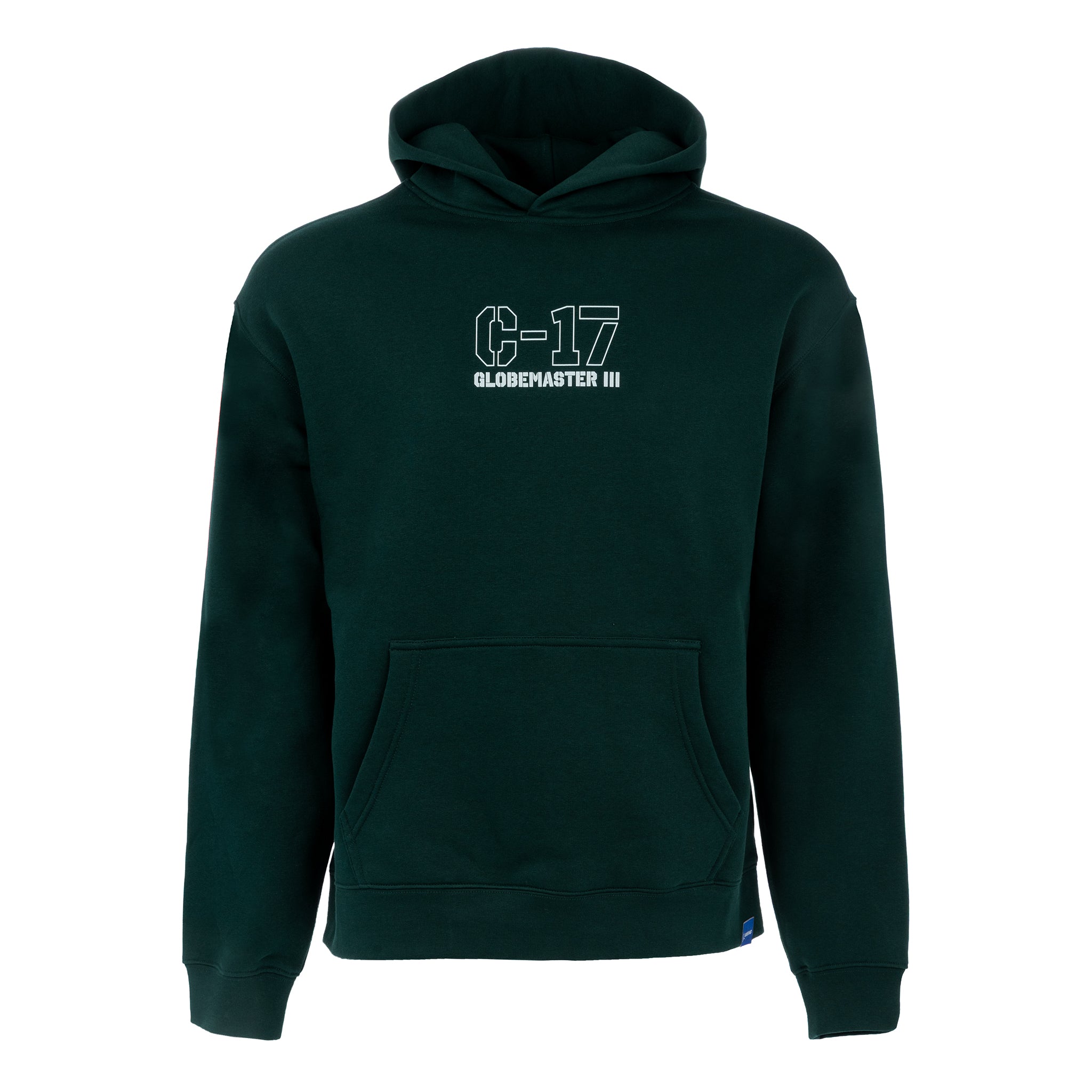 The BOEING C-17 Globemaster III Unisex Graphic Hoodie is a dark green hoodie with a front pocket and white C-17 Globemaster III print on the chest, honoring Boeing’s legendary military transport aircraft.