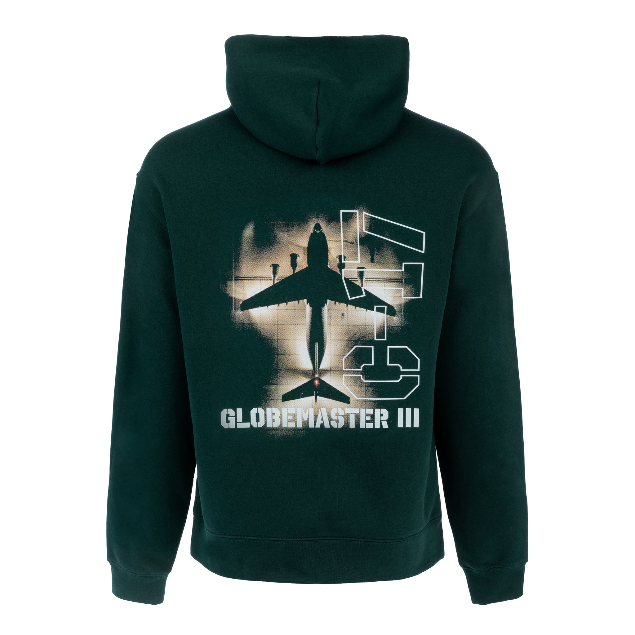 The Boeing C-17 Globemaster III Unisex Graphic Hoodie by BOEING is a dark green sweatshirt featuring a large graphic and block numbers, with GLOBEMASTER III printed in white on the back.