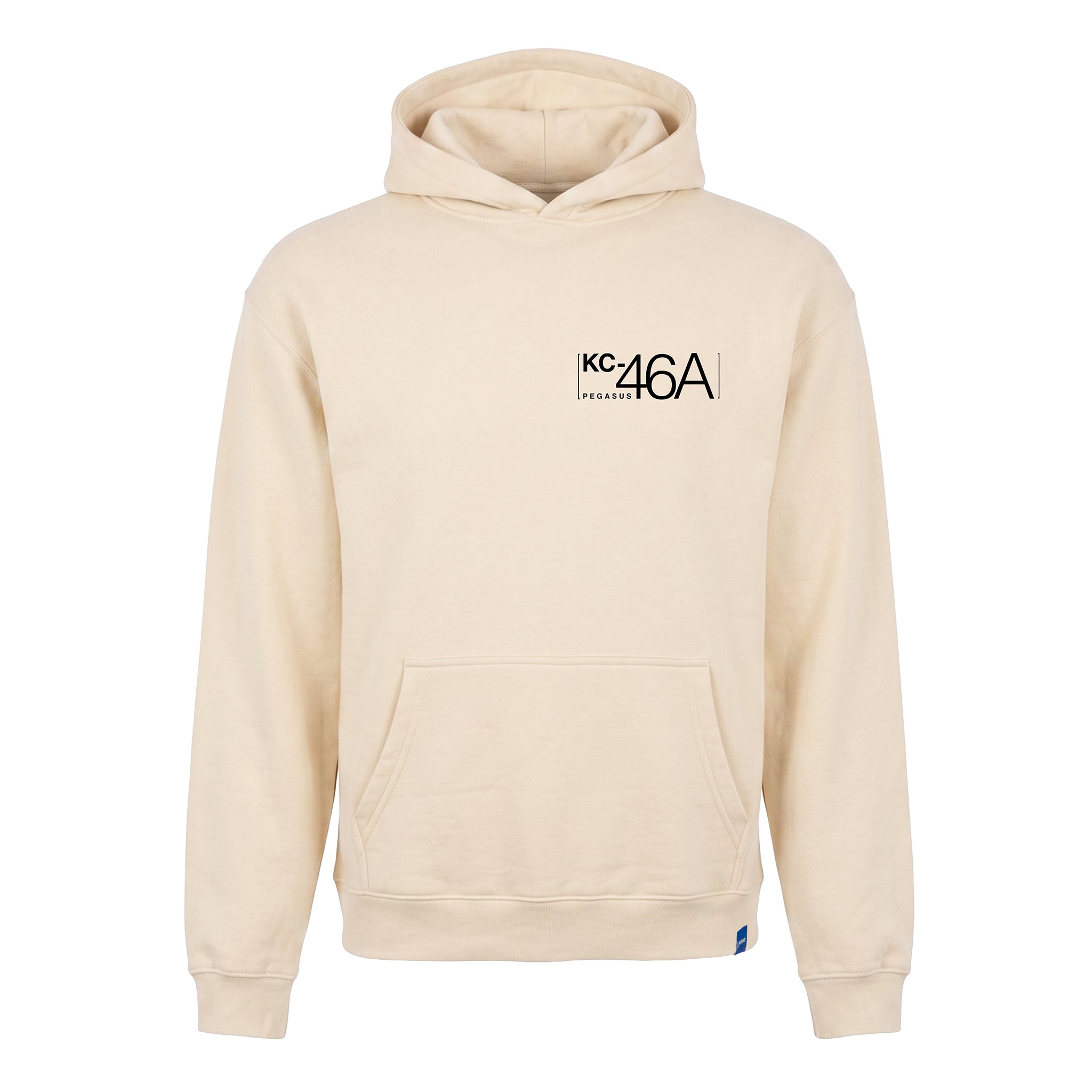 The Boeing KC-46A Pegasus Unisex Graphic Hoodie by BOEING is a cream-colored sweatshirt with a hood, front pocket, and "KC-46A PEACE" printed in black on the upper left chest—ideal for aviation enthusiasts.