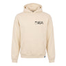 The Boeing KC-46A Pegasus Unisex Graphic Hoodie by BOEING is a cream-colored sweatshirt with a hood, front pocket, and "KC-46A PEACE" printed in black on the upper left chest—ideal for aviation enthusiasts.