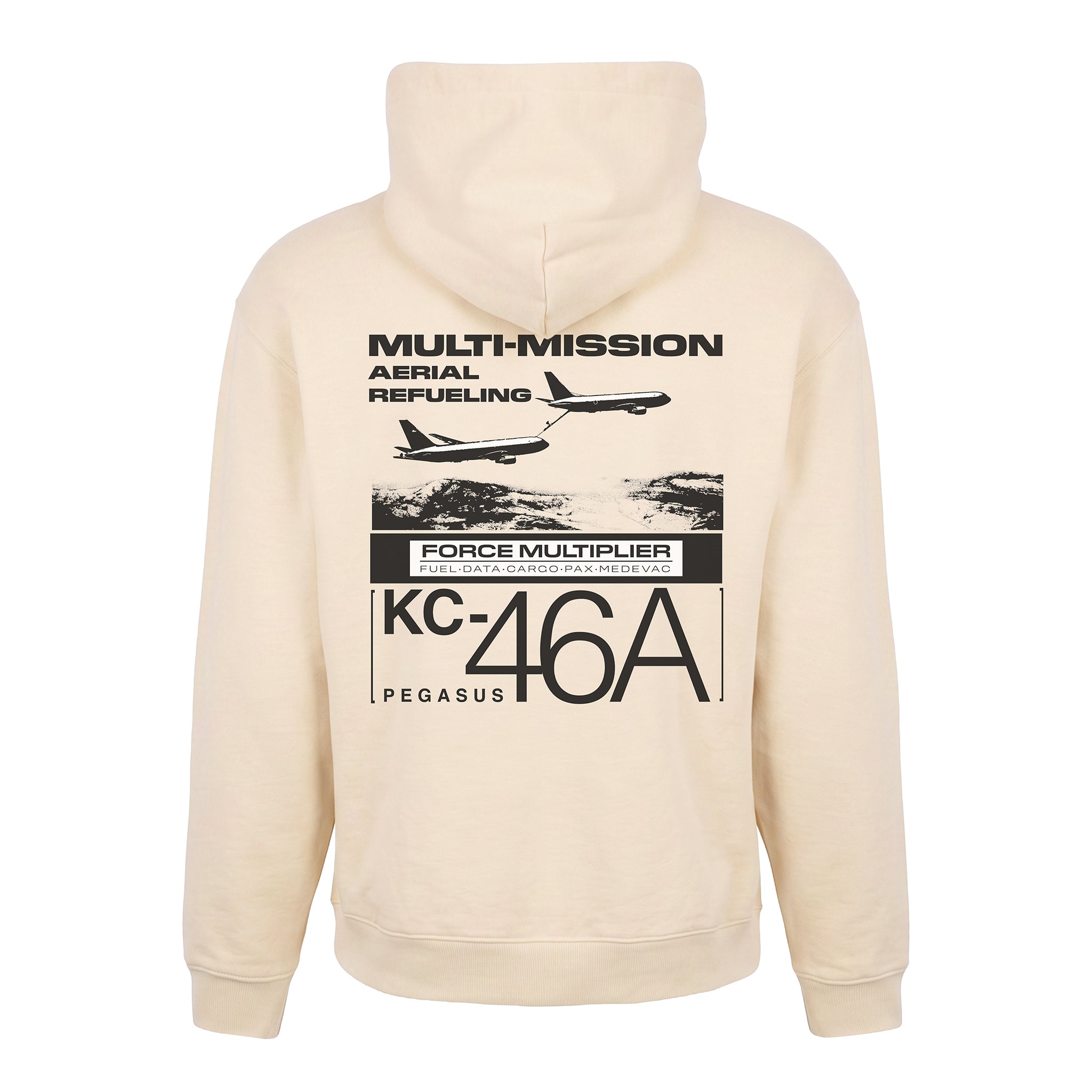 The Boeing KC-46A Pegasus Unisex Graphic Hoodie by BOEING features a beige hood, black graphic of two planes, and MULTI-MISSION AERIAL REFUELING, KC-46A PEGASUS text—ideal for aviation fans seeking style and technical detail.