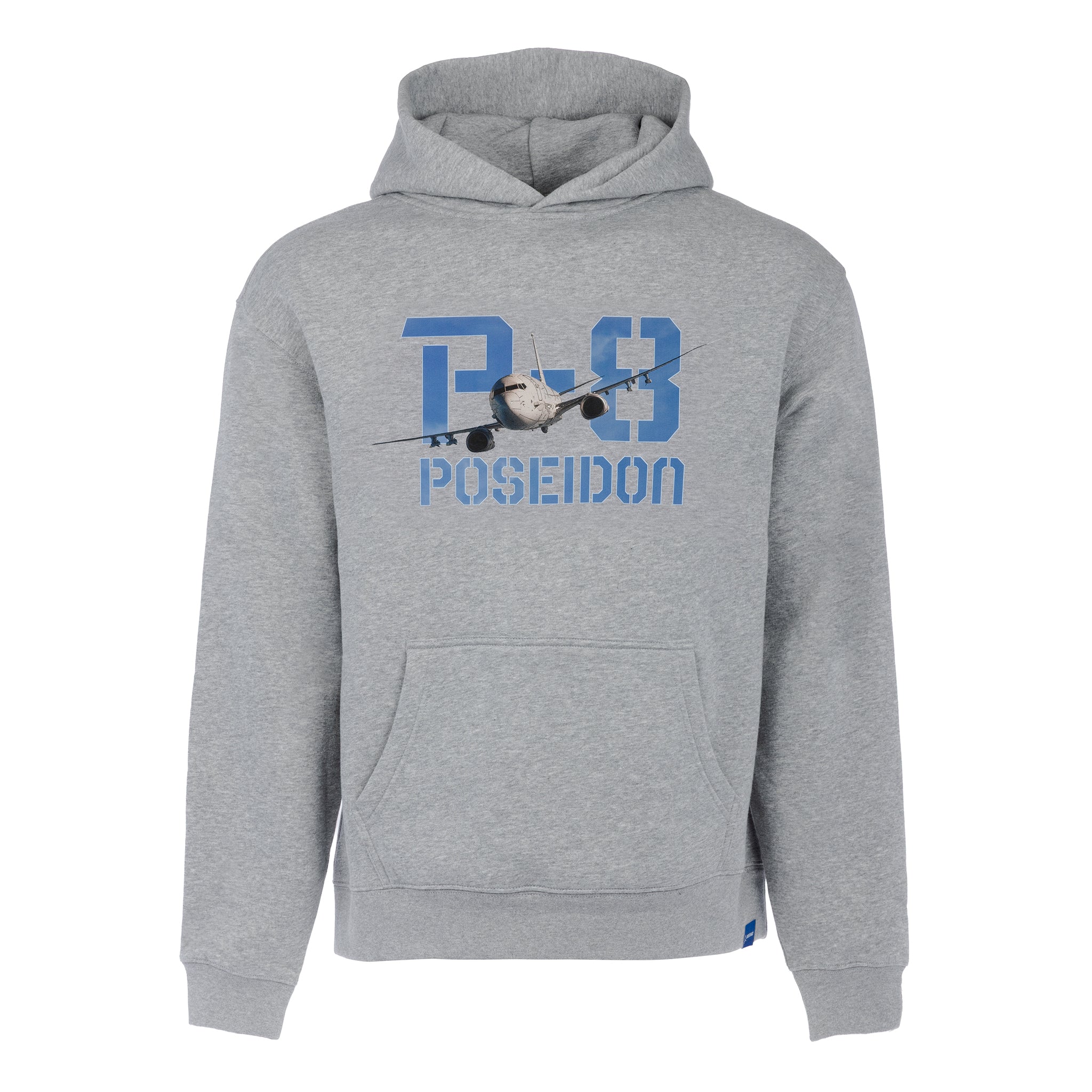 The BOEING P-8A Poseidon Unisex Graphic Hoodie is a gray sweatshirt with a Boeing P-8A Poseidon aircraft graphic and blue "P-8 POSEIDON" text on the front, plus a front pocket with ribbed cuffs and hem.