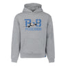 The BOEING P-8A Poseidon Unisex Graphic Hoodie is a gray sweatshirt with a Boeing P-8A Poseidon aircraft graphic and blue "P-8 POSEIDON" text on the front, plus a front pocket with ribbed cuffs and hem.