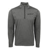 The Boeing Men's Signature Logo Stripe Quarter-Zip Pullover by BOEING is a gray, long-sleeve athletic fleece with moisture wicking, a high collar, quarter-zip, and a small black logo on the left chest for everyday comfort.