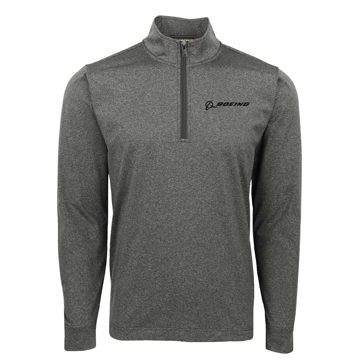 The Boeing Men's Signature Logo Stripe Quarter-Zip Pullover by BOEING is a gray, long-sleeve athletic fleece with moisture wicking, a high collar, quarter-zip, and a small black logo on the left chest for everyday comfort.