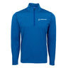 The BOEING Men's Signature Logo Stripe Quarter-Zip Pullover is a blue, long-sleeved top with a stand-up collar, moisture-wicking fleece, and features the Boeing logo in white on the left chest.