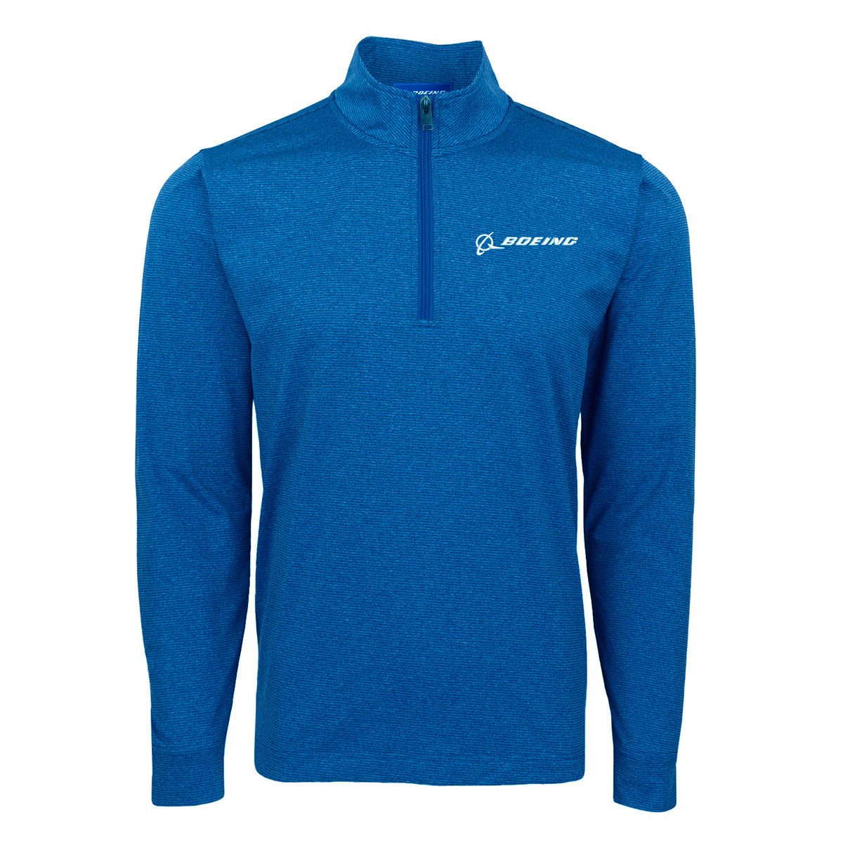 The BOEING Men's Signature Logo Stripe Quarter-Zip Pullover is a blue, long-sleeved top with a stand-up collar, moisture-wicking fleece, and features the Boeing logo in white on the left chest.