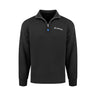 The Boeing Unisex Ultra Soft Quarter-Zip features cozy black brushed back fleece, a stand-up collar, white embroidered Boeing logo, blue pull tab zipper, and ribbed cuffs and hem.