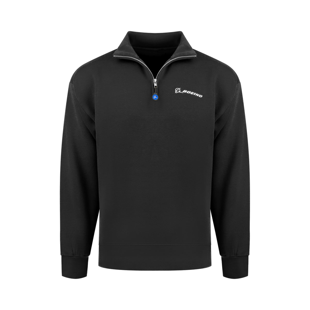 The Boeing Unisex Ultra Soft Quarter-Zip features cozy black brushed back fleece, a stand-up collar, white embroidered Boeing logo, blue pull tab zipper, and ribbed cuffs and hem.