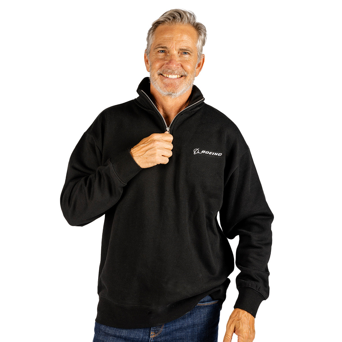A smiling man wears the Boeing Unisex Ultra Soft Quarter-Zip by BOEING, featuring a left chest logo, standing against a white background.