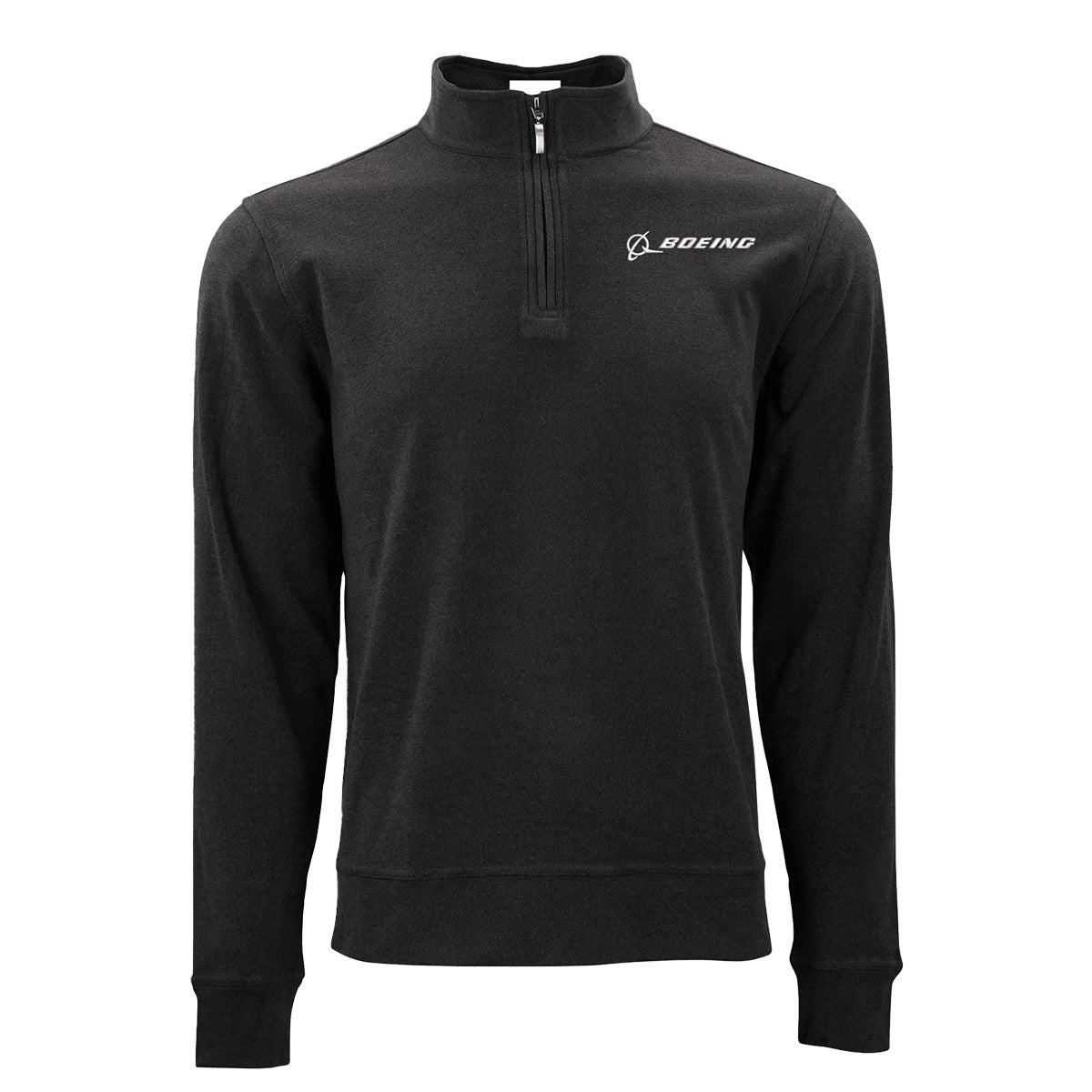 The Boeing Signature Men's Lux Quarter-Zip by BOEING is a premium black pullover featuring long sleeves, a stand-up collar, and the white Boeing logo on the left chest—an essential workwear piece that blends comfort with contemporary style.