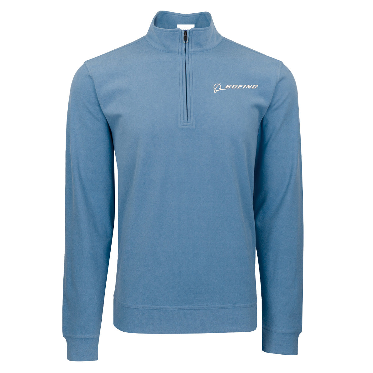 The Boeing Signature Men's Lux Quarter-Zip by BOEING is a light blue, long-sleeve pullover featuring a high collar and quarter-zip design. The left chest displays the Boeing logo and name in white, adding a distinctive touch. Designed as premium workwear, this men's pullover combines comfort and style for a polished, professional appearance. The garment is shown against a plain white background.