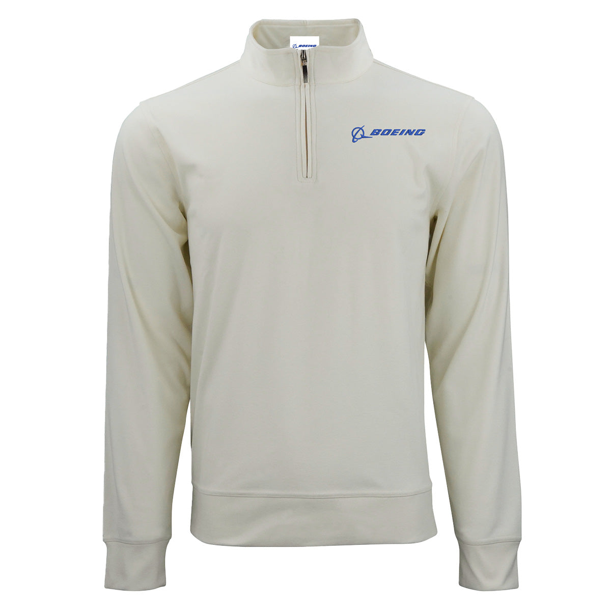 Introducing the Boeing Signature Men's Lux Quarter-Zip by BOEING—a cream-colored men's pullover featuring a quarter-zip design and long sleeves. The iconic blue Boeing logo is displayed on the left chest, while the centered zipper elegantly accents the collar for a polished appearance. Perfect as premium workwear, this piece showcases a clean, refined look that blends comfort with professional style.