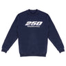 Introducing the Boeing America 250 Unisex Crewneck by BOEING—a navy blue, USA-made limited edition featuring bold “250” and “Boeing Backs America” on the front, perfect for true aviation enthusiasts.