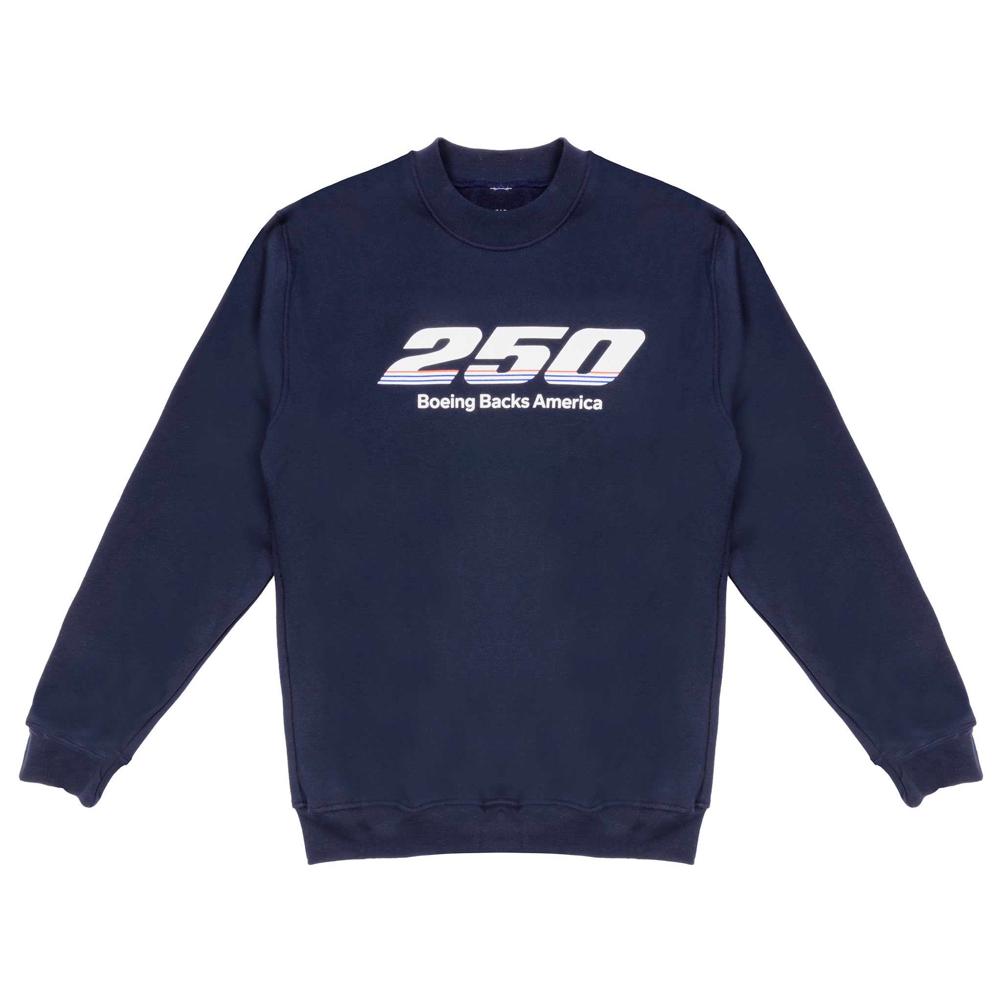 Introducing the Boeing America 250 Unisex Crewneck by BOEING—a navy blue, USA-made limited edition featuring bold “250” and “Boeing Backs America” on the front, perfect for true aviation enthusiasts.