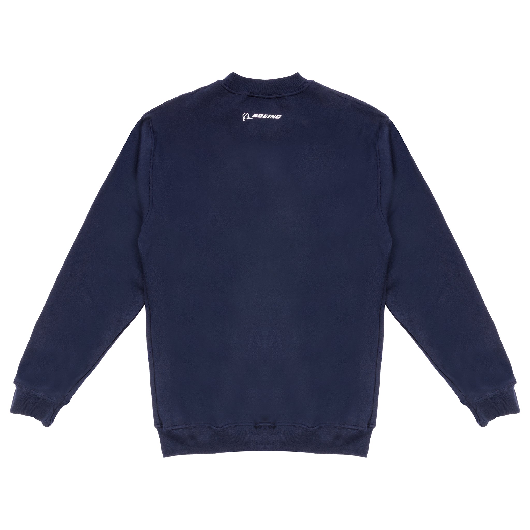 The Boeing America 250 Unisex Crewneck by BOEING is a limited-edition navy blue sweatshirt with long sleeves and a white Boeing logo centered near the back neckline, made in the USA for lasting comfort and style.