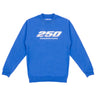 The Boeing America 250 Unisex Crewneck by BOEING features bold white "250" numbers and "Boeing Backs America" on the chest. This limited-edition blue sweatshirt is made in the USA and shown laid flat on a white background.