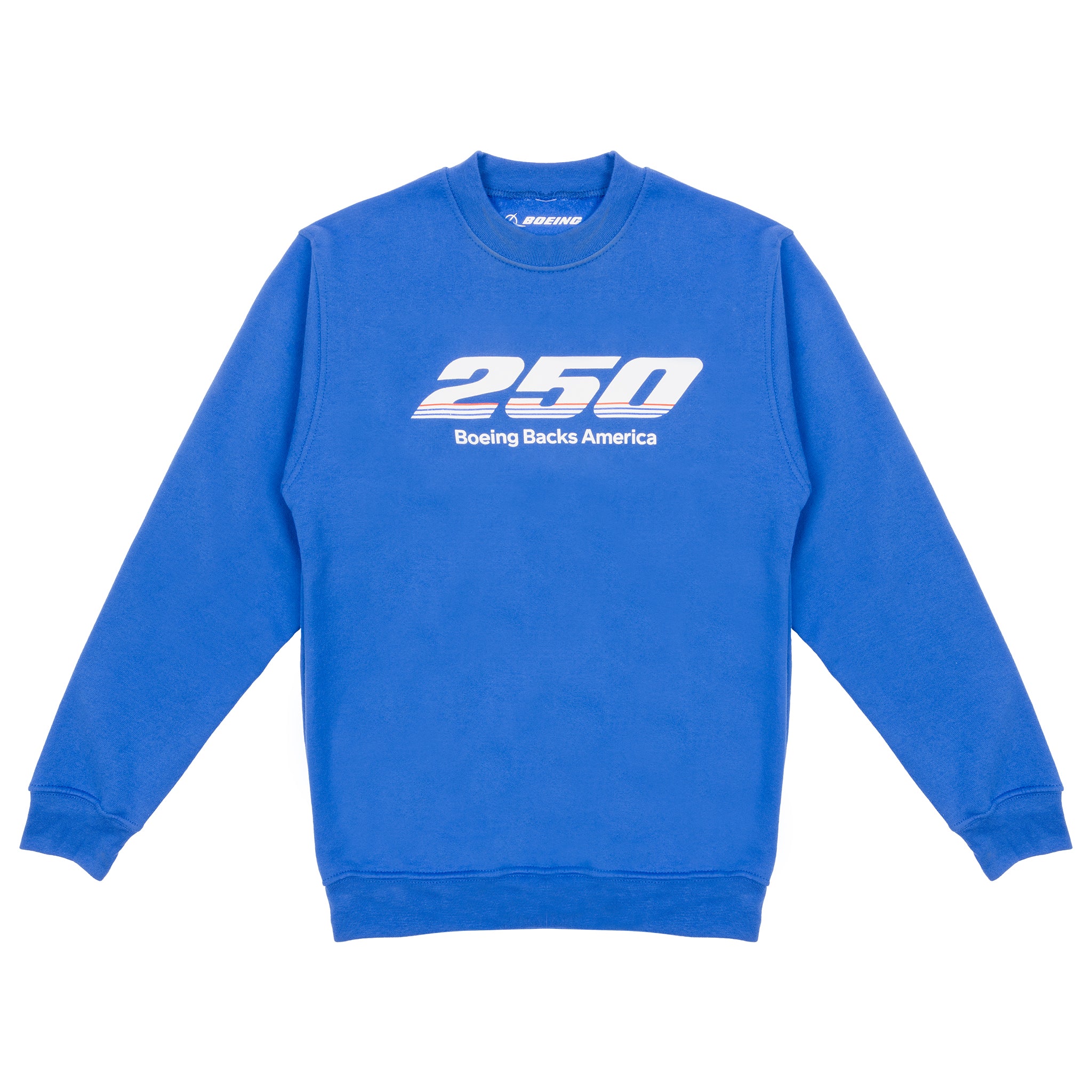 The Boeing America 250 Unisex Crewneck by BOEING features bold white "250" numbers and "Boeing Backs America" on the chest. This limited-edition blue sweatshirt is made in the USA and shown laid flat on a white background.
