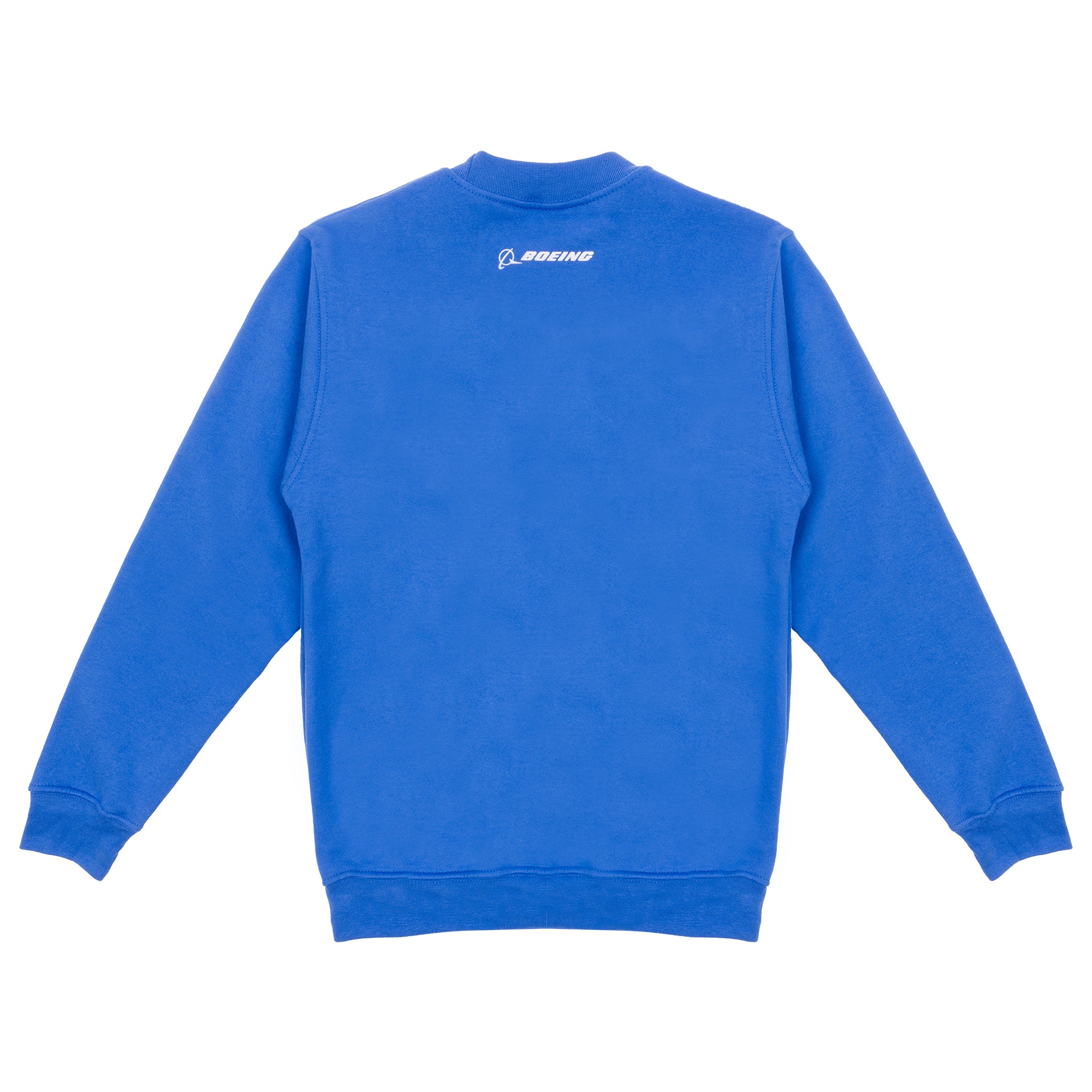 The Boeing America 250 Unisex Crewneck by BOEING is a bright blue, limited-edition sweatshirt shown from the back with long sleeves, ribbed cuffs and hem, and a small white BOEING logo near the upper center.