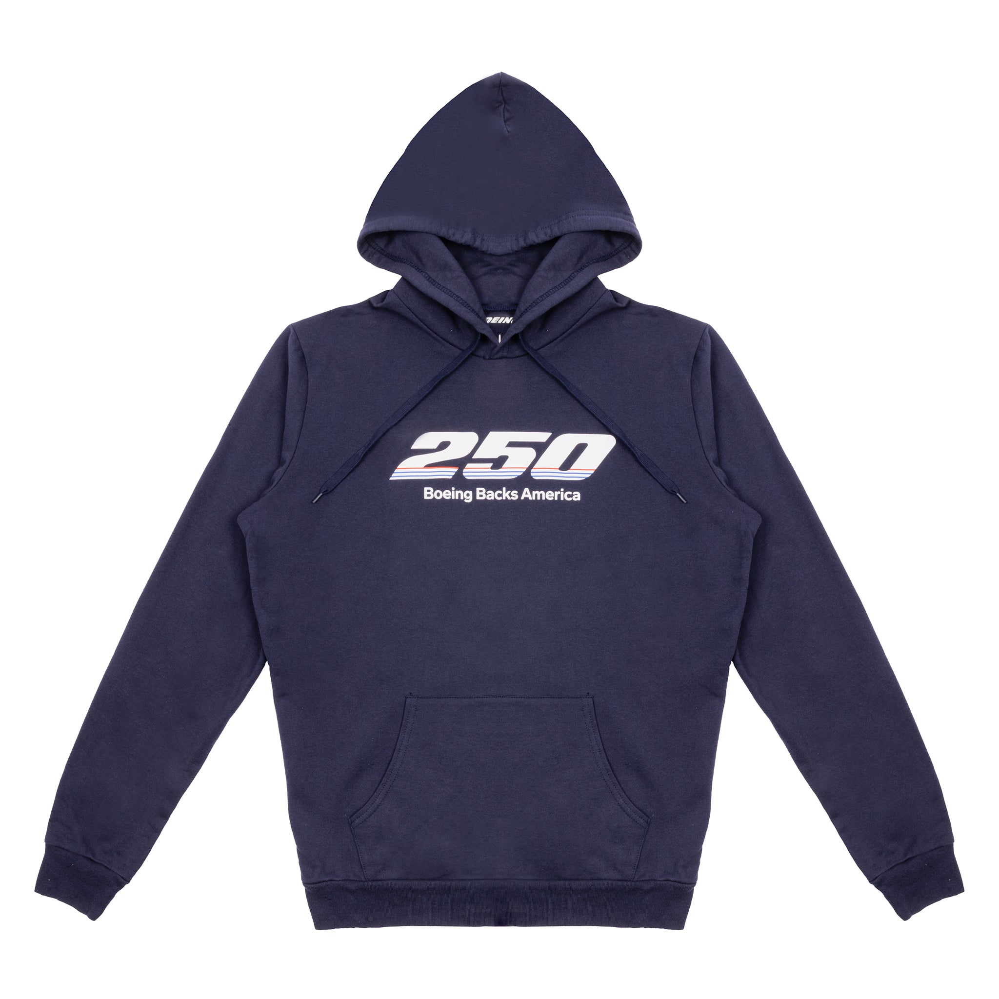 The Boeing America 250 Unisex Hoodie by BOEING is a navy blue, limited-edition piece made from 100% ring-spun cotton, featuring a front pocket and "250 Boeing Backs America" in white across the chest.