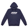 The Boeing America 250 Unisex Hoodie by BOEING is a navy blue, limited-edition piece made from 100% ring-spun cotton, featuring a front pocket and "250 Boeing Backs America" in white across the chest.
