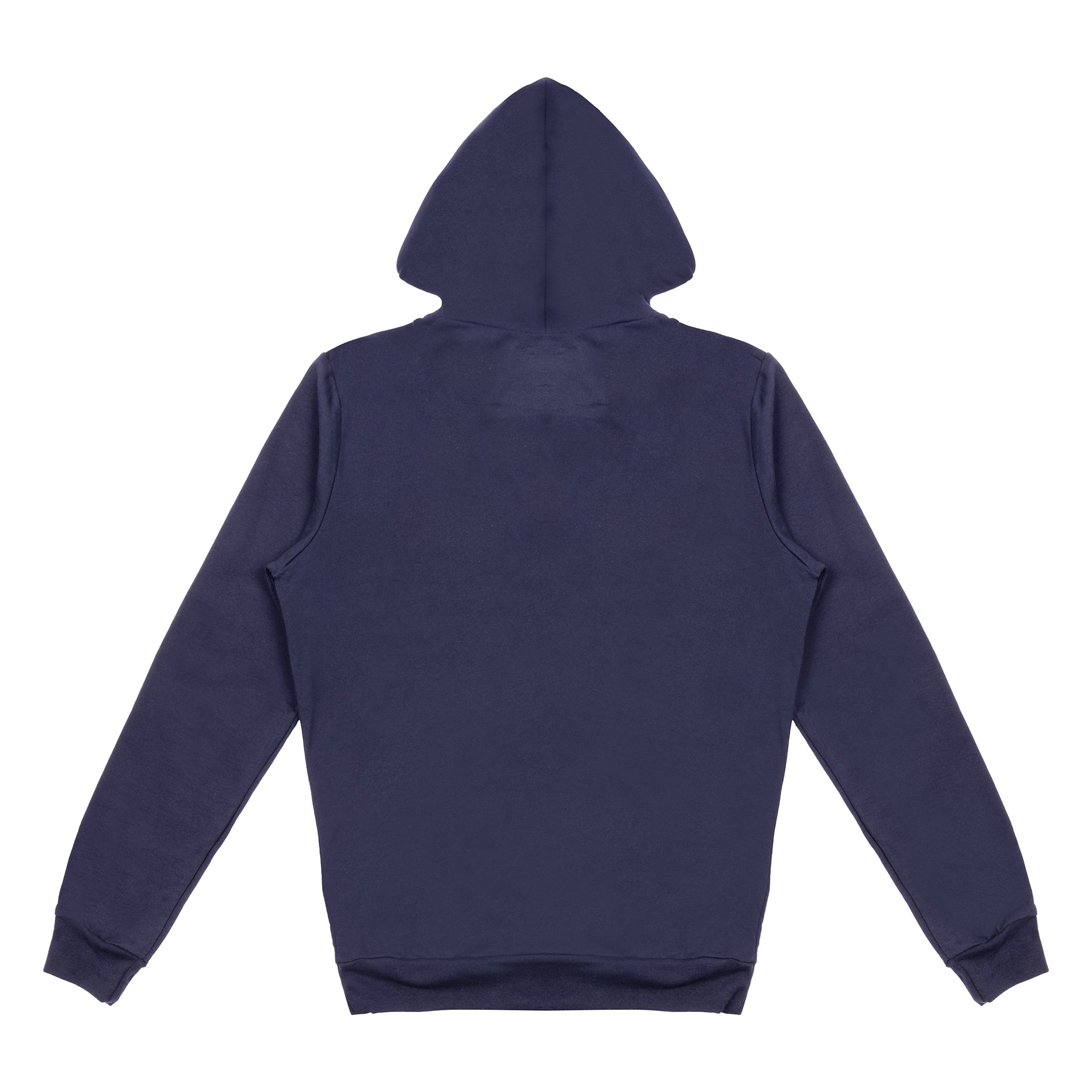 A navy blue Boeing America 250 Unisex Hoodie by BOEING is shown laid flat, back side up, with long sleeves and a hood. The limited-edition hoodie features no visible designs, logos, or pockets.