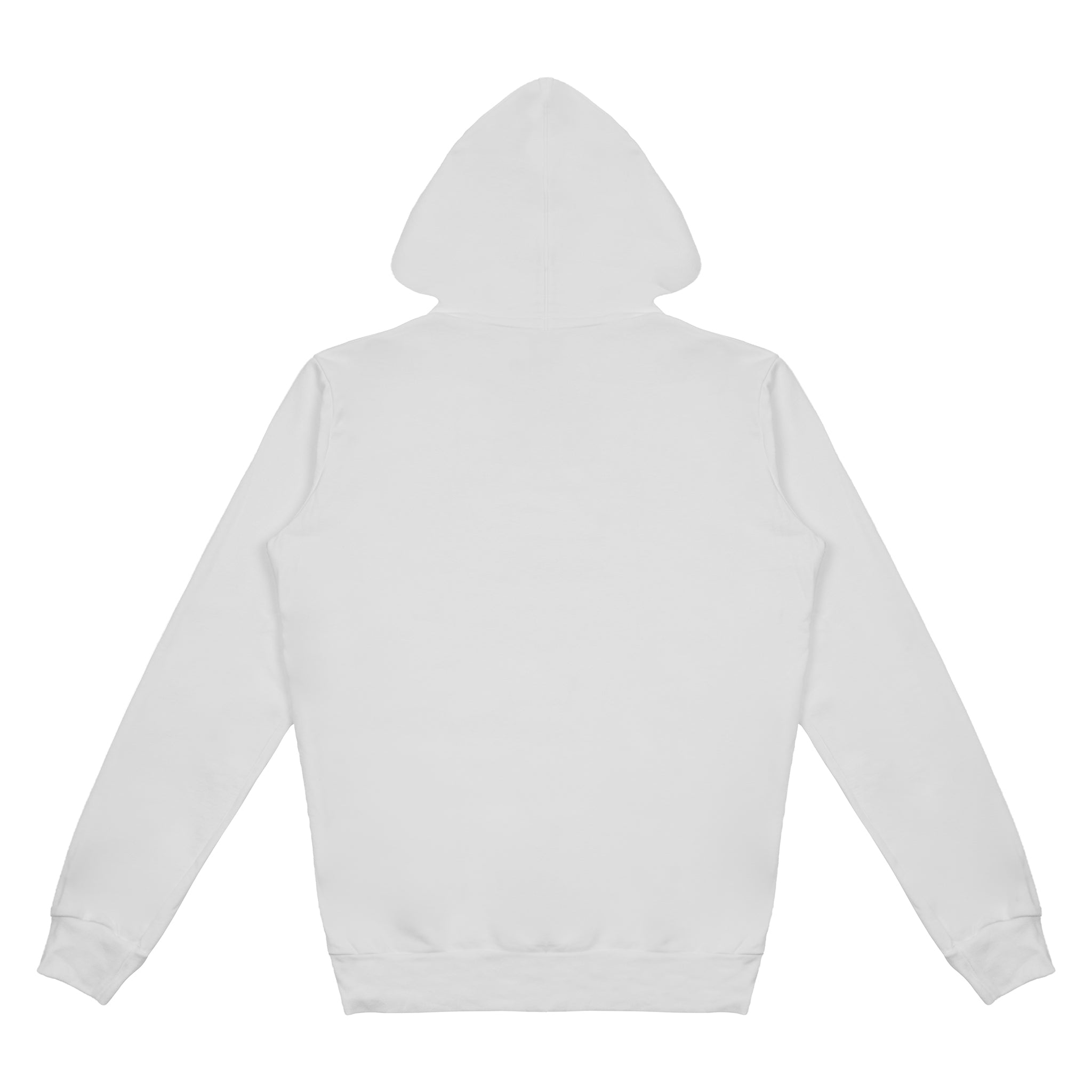 The Boeing America 250 Unisex Hoodie by BOEING is a limited-edition, plain white hoodie crafted from 100% ring-spun cotton. It features long sleeves, ribbed cuffs, a waistband, and has no visible logos or designs. Shown from the back.